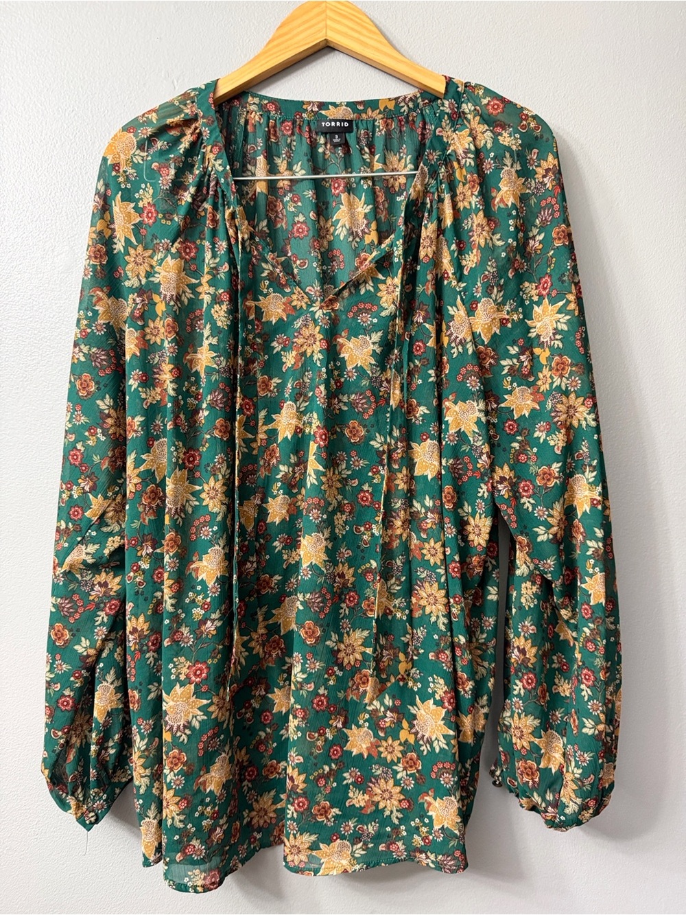 torrid Green Floral Peasant Blouse with Yellow & Rust Accents 3x